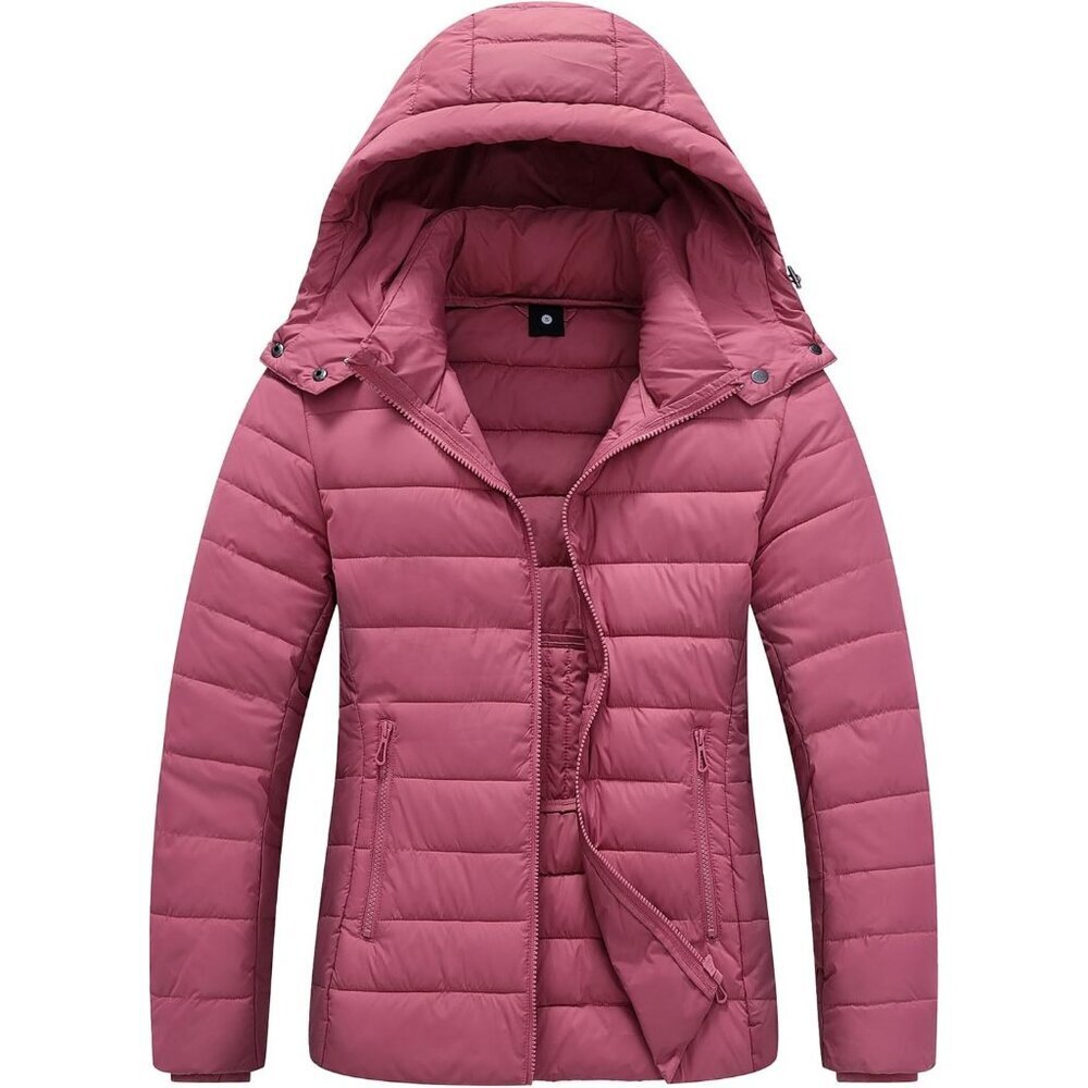 Women Rose Pink  Polyester Lightweight Waterproof Hooded Quilted Puffer Jacket